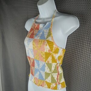 Billabong Smocked‎ Halter Top Y2K Patchwork Quilt Print Women's Boho L/G